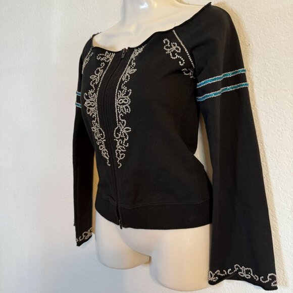Bebe Sport Black Top SZ Medium Embellished Zip-Up Cold Shoulder Athleisure - Picture 5 of 9